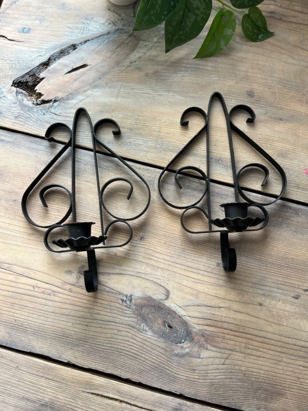 Vintage Wrought Iron Wall Candle Sconces Black Scrolled Pair Spanish Revival